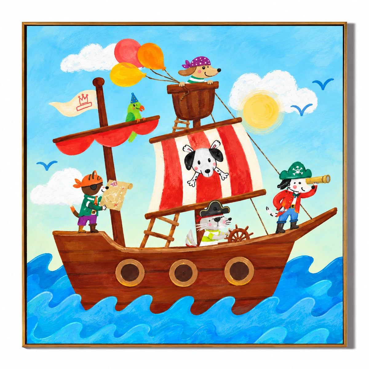 Pirate Animals on a Sailing Ship Oil Painting | Colorful Dog Cat and Parrot Kids Room Square Wall Art OA 1662