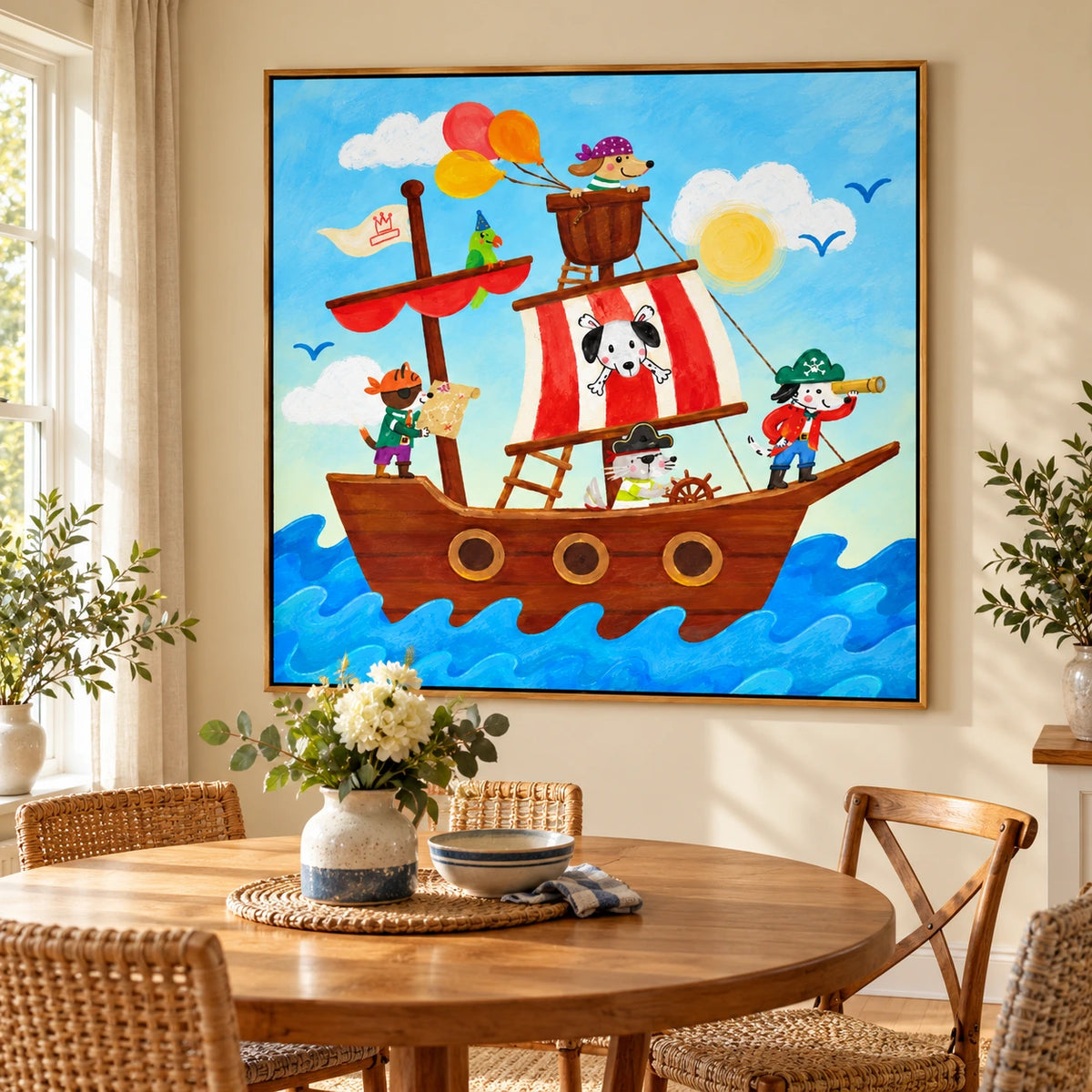 Pirate Animals on a Sailing Ship Oil Painting | Colorful Dog Cat and Parrot Kids Room Square Wall Art OA 1662