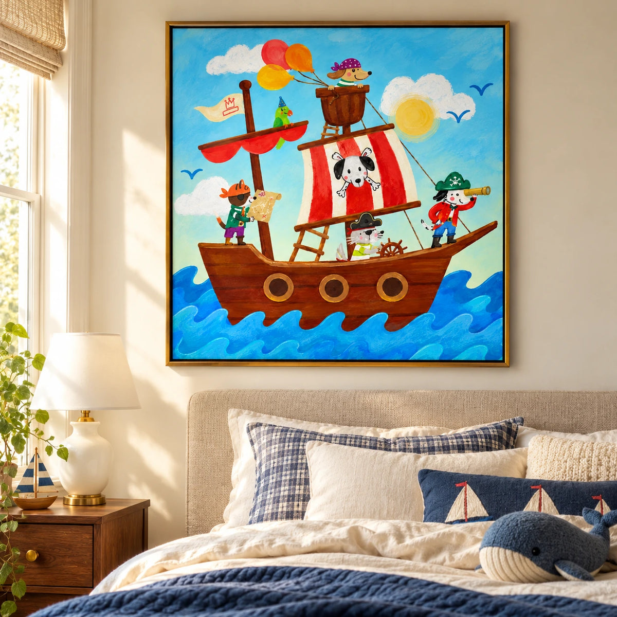 Pirate Animals on a Sailing Ship Oil Painting | Colorful Dog Cat and Parrot Kids Room Square Wall Art OA 1662