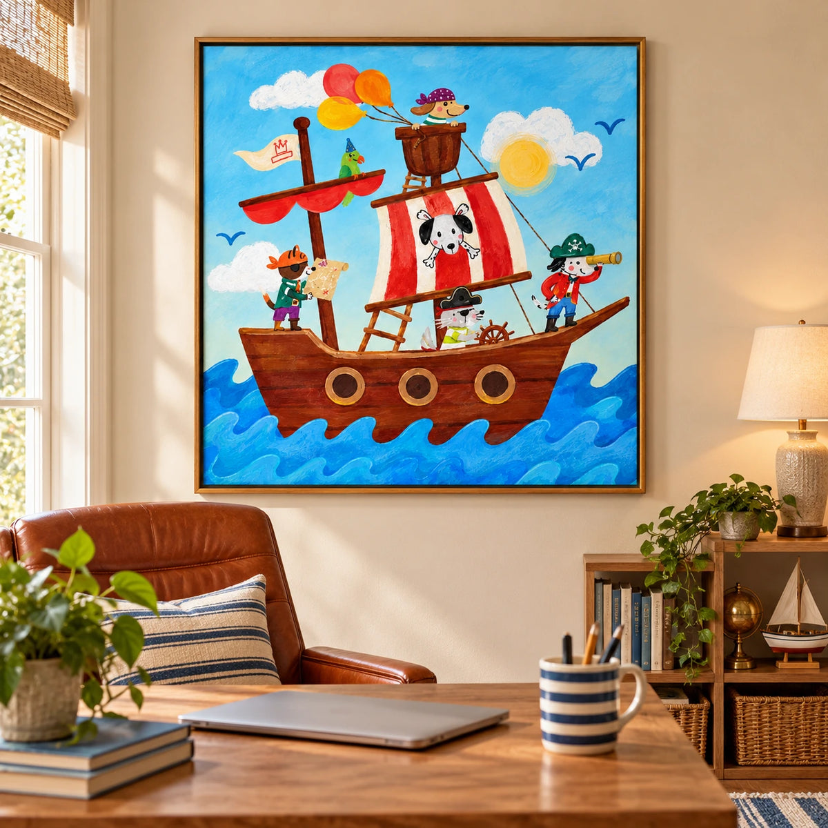 Pirate Animals on a Sailing Ship Oil Painting | Colorful Dog Cat and Parrot Kids Room Square Wall Art OA 1662