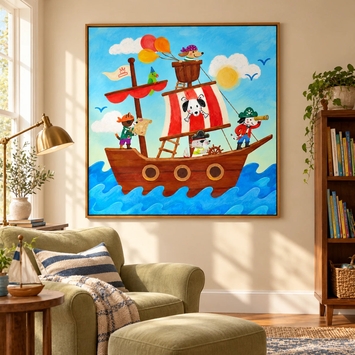 Pirate Animals on a Sailing Ship Oil Painting | Colorful Dog Cat and Parrot Kids Room Square Wall Art OA 1662