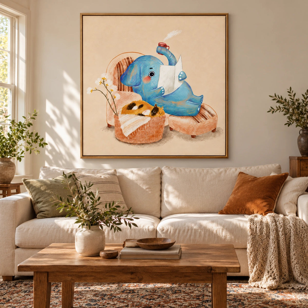 Reading Blue Elephant and Sleeping Cat Oil Painting | Whimsical Nursery Animal Wall Art #OA 1611