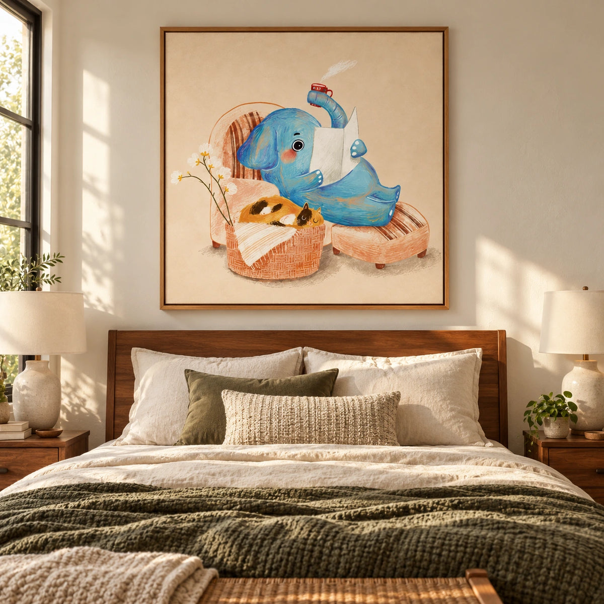 Reading Blue Elephant and Sleeping Cat Oil Painting | Whimsical Nursery Animal Wall Art #OA 1611