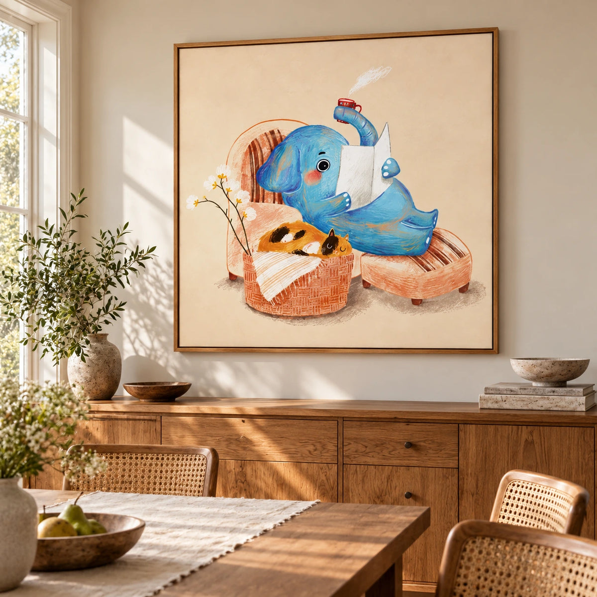Reading Blue Elephant and Sleeping Cat Oil Painting | Whimsical Nursery Animal Wall Art #OA 1611