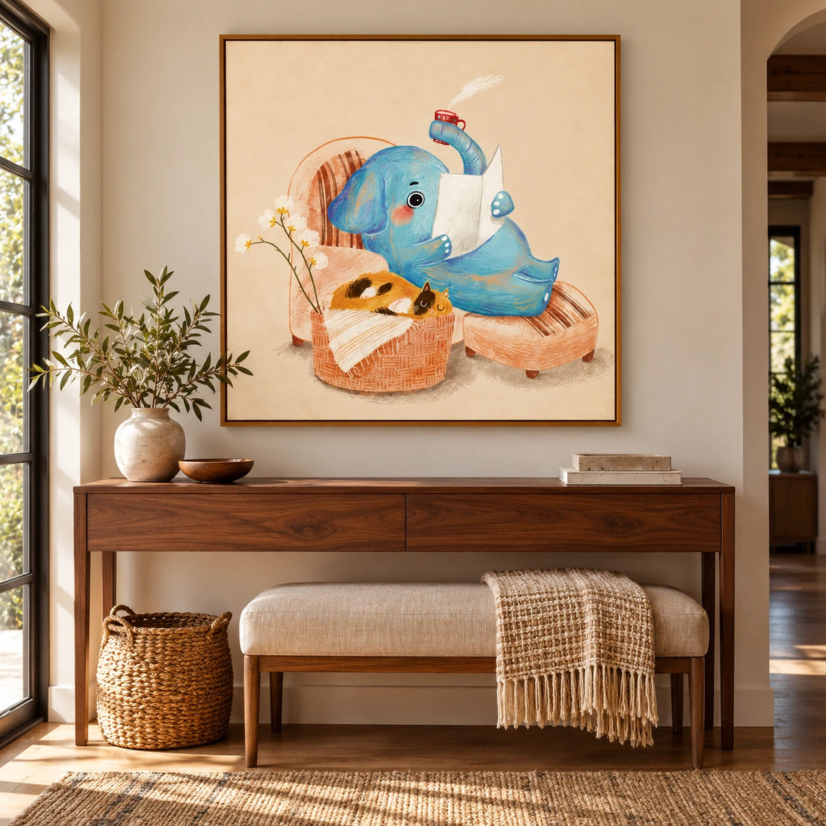 Reading Blue Elephant and Sleeping Cat Oil Painting | Whimsical Nursery Animal Wall Art #OA 1611