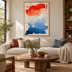 Red White and Blue Abstract Oil Painting | Swirling Raised Paint on Beige Vertical Colorful Wall Art #OA 1789