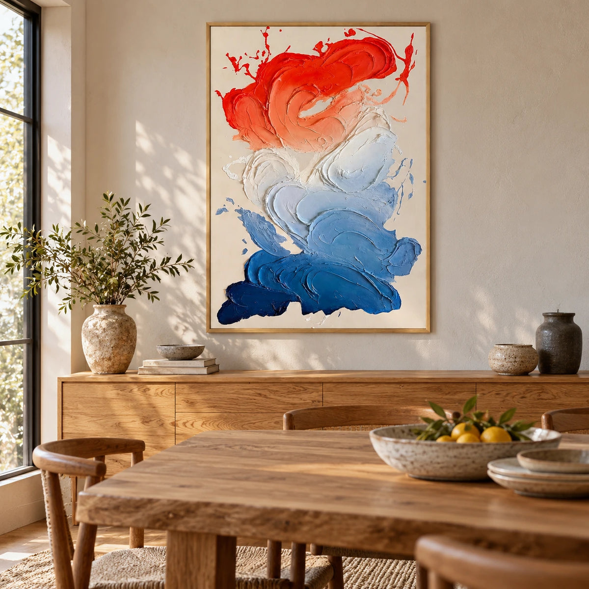 Red White and Blue Abstract Oil Painting | Swirling Raised Paint on Beige Vertical Colorful Wall Art OA 1789