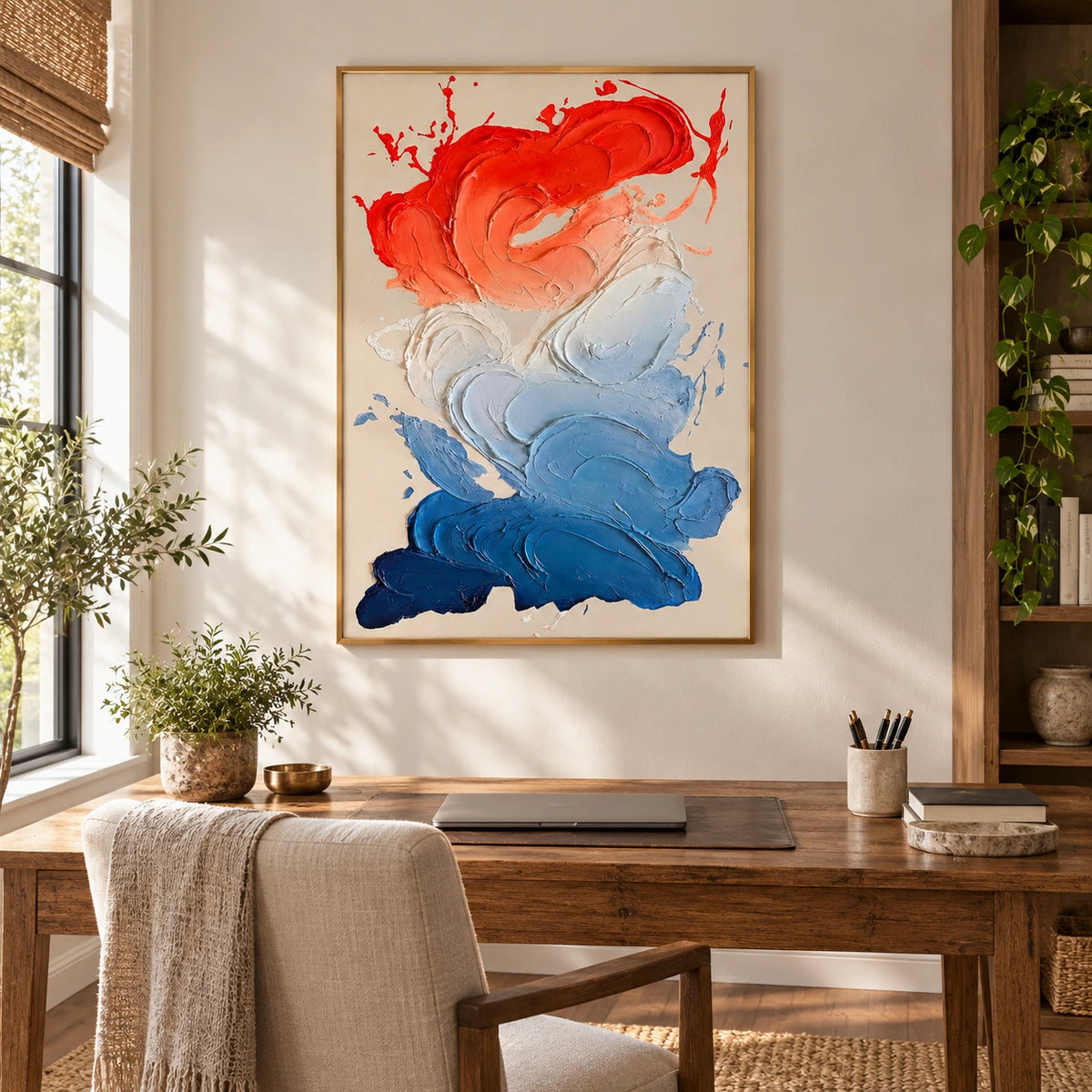 Red White and Blue Abstract Oil Painting | Swirling Raised Paint on Beige Vertical Colorful Wall Art OA 1789