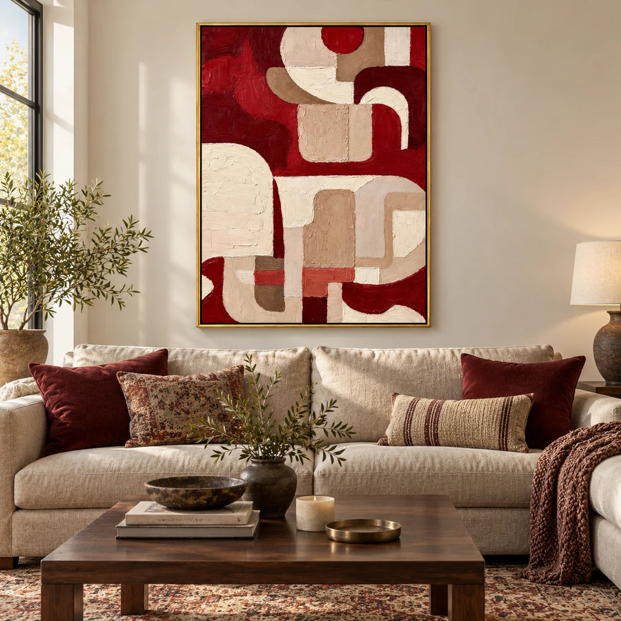 Red and Beige Abstract Oil Painting | Burgundy Geometric Curves Textured Impasto Vertical Wall Art #OA 1693