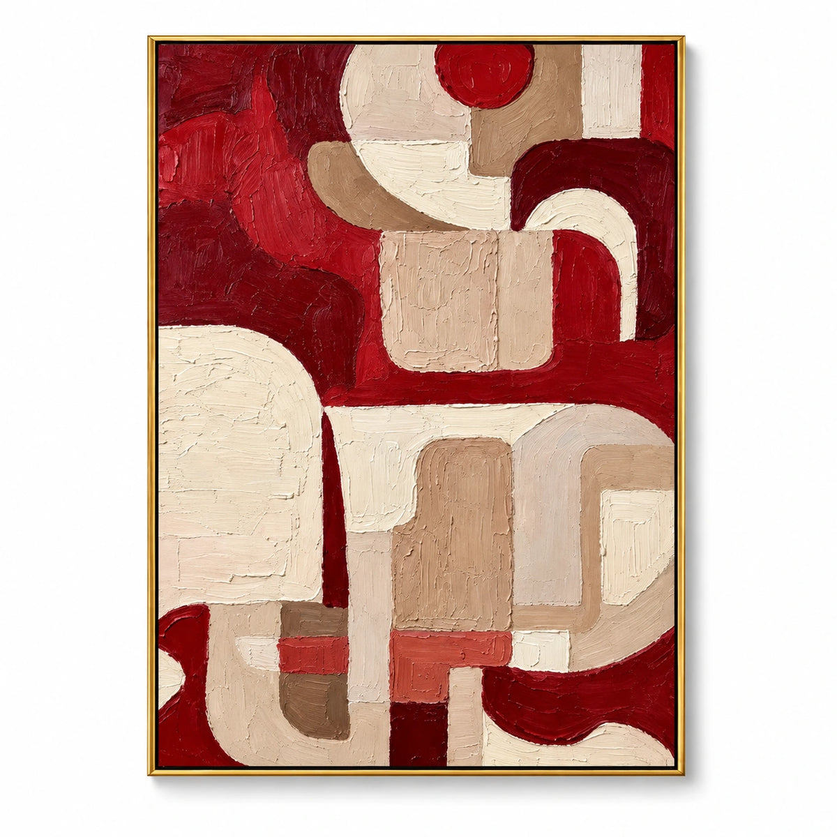 Red and Beige Abstract Oil Painting | Burgundy Geometric Curves Textured Impasto Vertical Wall Art #OA 1693
