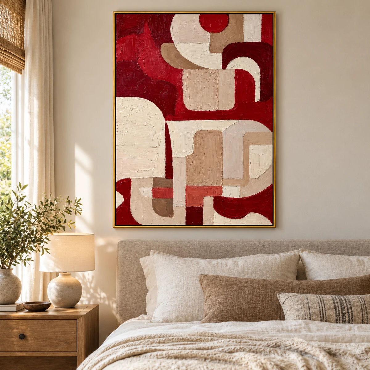 Red and Beige Abstract Oil Painting | Burgundy Geometric Curves Textured Impasto Vertical Wall Art #OA 1693