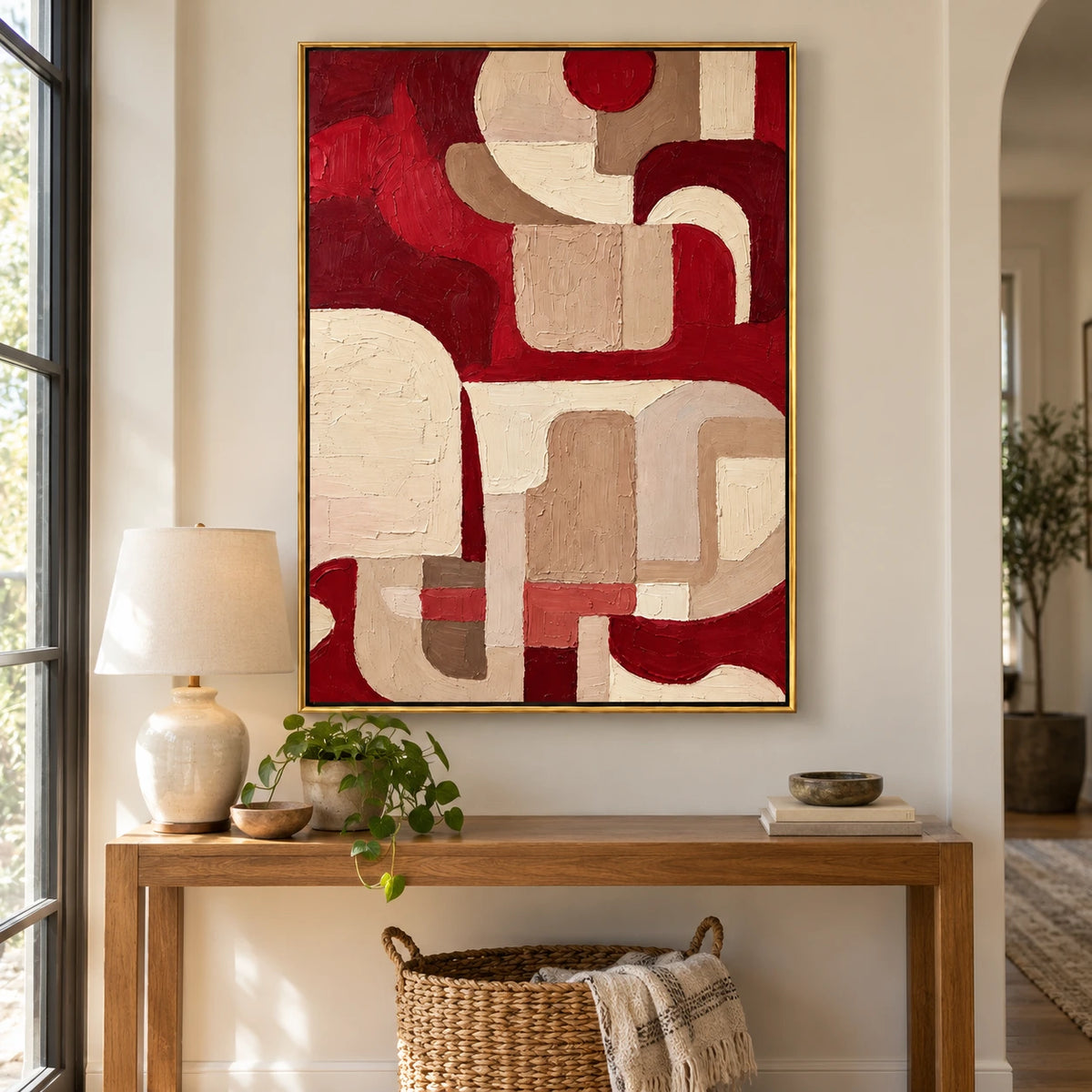 Red and Beige Abstract Oil Painting | Burgundy Geometric Curves Textured Impasto Vertical Wall Art #OA 1693
