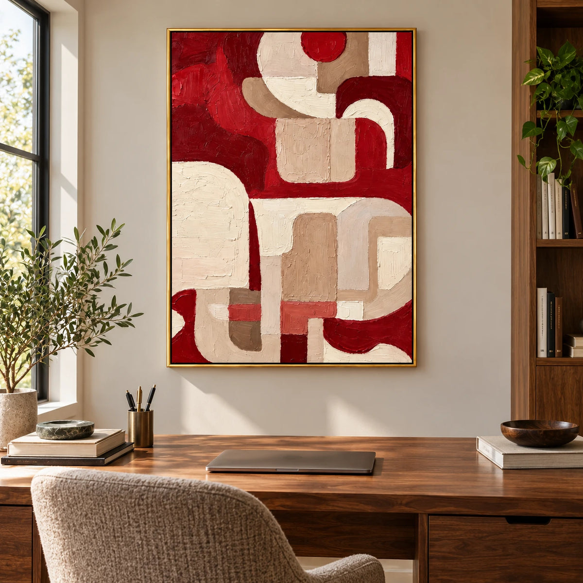 Red and Beige Abstract Oil Painting | Burgundy Geometric Curves Textured Impasto Vertical Wall Art #OA 1693