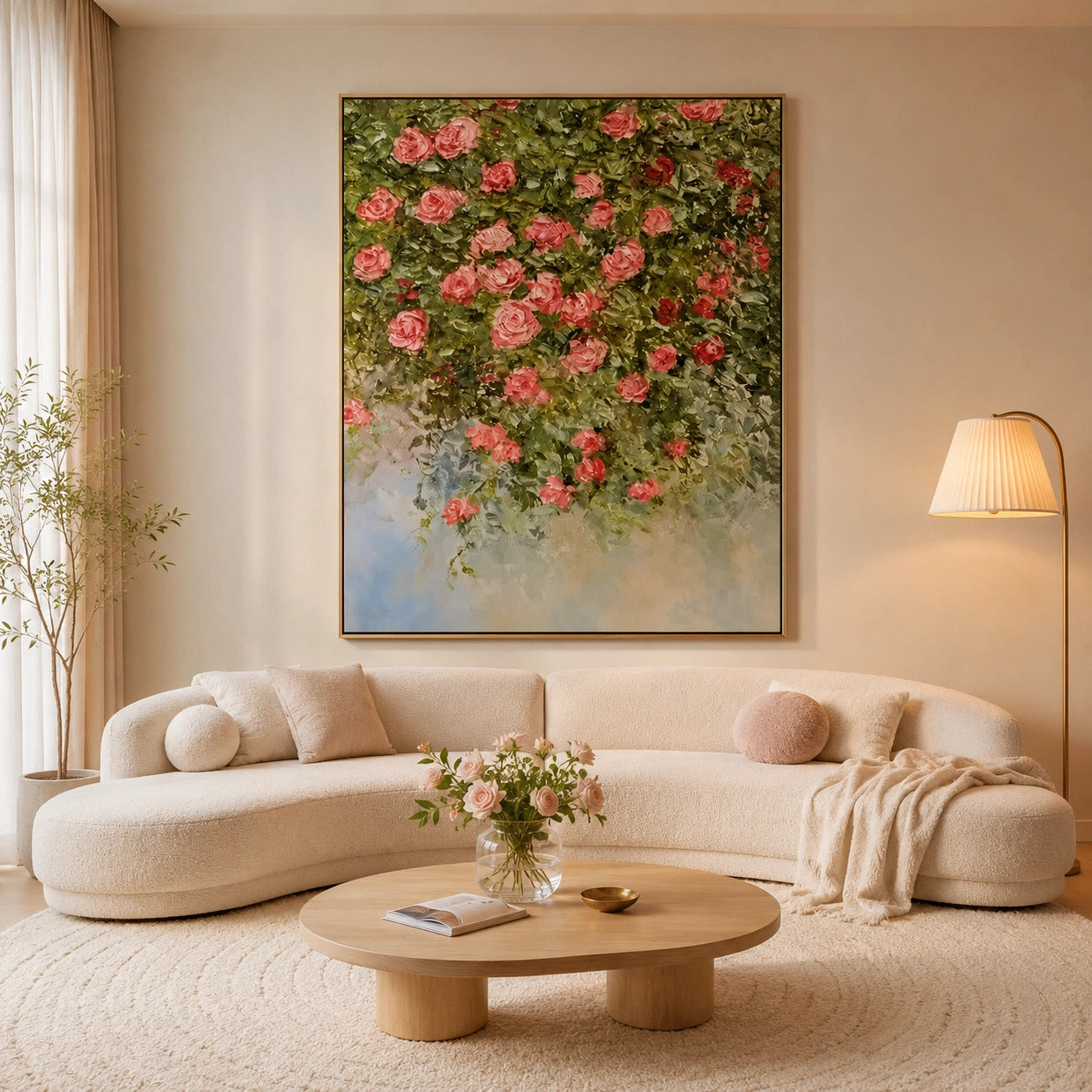 Romantic Rose Garden Hand-Painted Impasto Oil Painting, Pink Floral Cascade Textured Canvas Wall Art for Living Room, Bedroom and Luxury Interiors | Ownanart # OA 1227