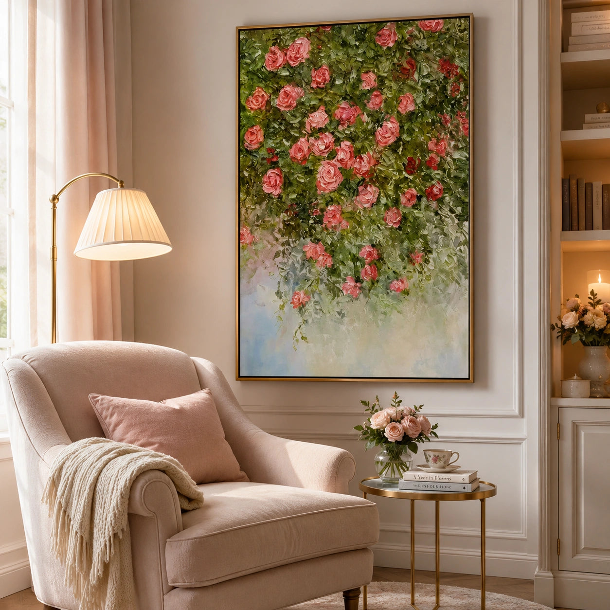 Romantic Rose Garden Hand-Painted Impasto Oil Painting, Pink Floral Cascade Textured Canvas Wall Art for Living Room, Bedroom and Luxury Interiors | Ownanart # OA 1227
