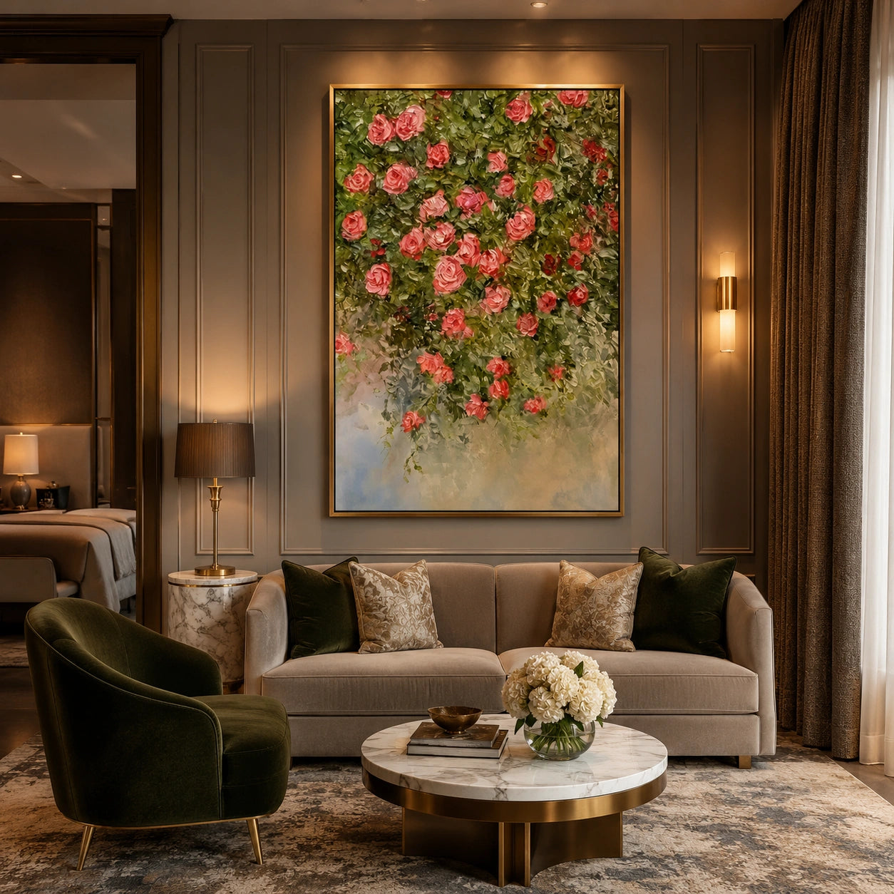 Romantic Rose Garden Hand-Painted Impasto Oil Painting, Pink Floral Cascade Textured Canvas Wall Art for Living Room, Bedroom and Luxury Interiors | Ownanart # OA 1227