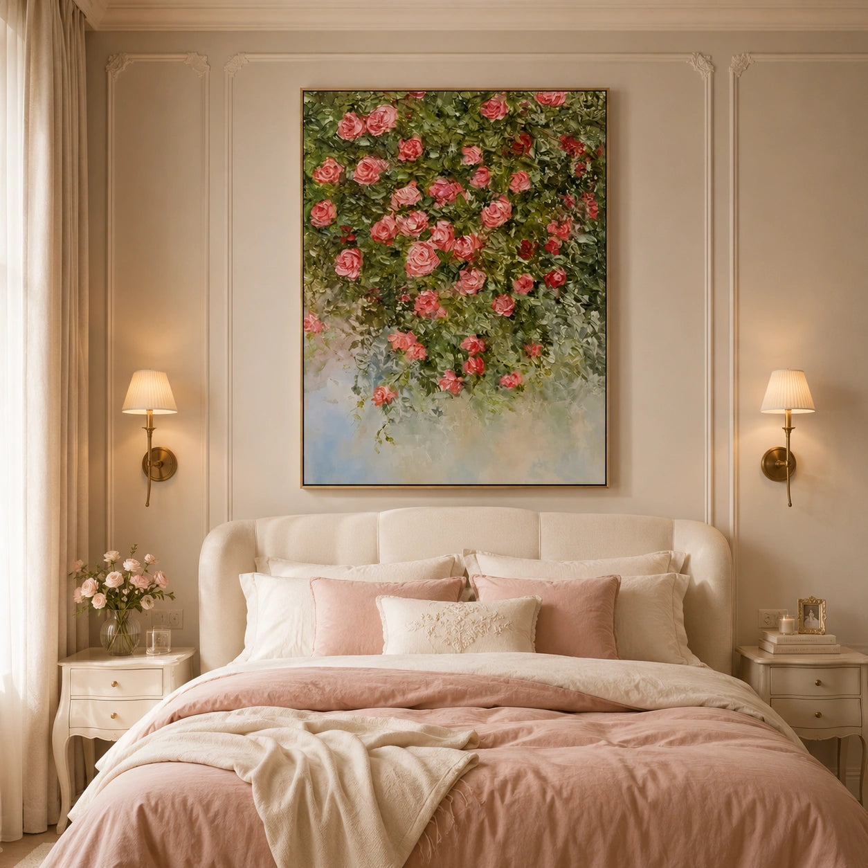Romantic Rose Garden Hand-Painted Impasto Oil Painting, Pink Floral Cascade Textured Canvas Wall Art for Living Room, Bedroom and Luxury Interiors | Ownanart # OA 1227