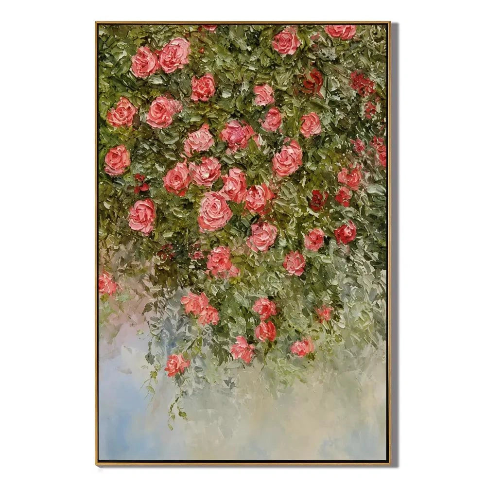 Romantic Rose Garden Hand-Painted Impasto Oil Painting, Pink Floral Cascade Textured Canvas Wall Art for Living Room, Bedroom and Luxury Interiors | Ownanart # OA 1227