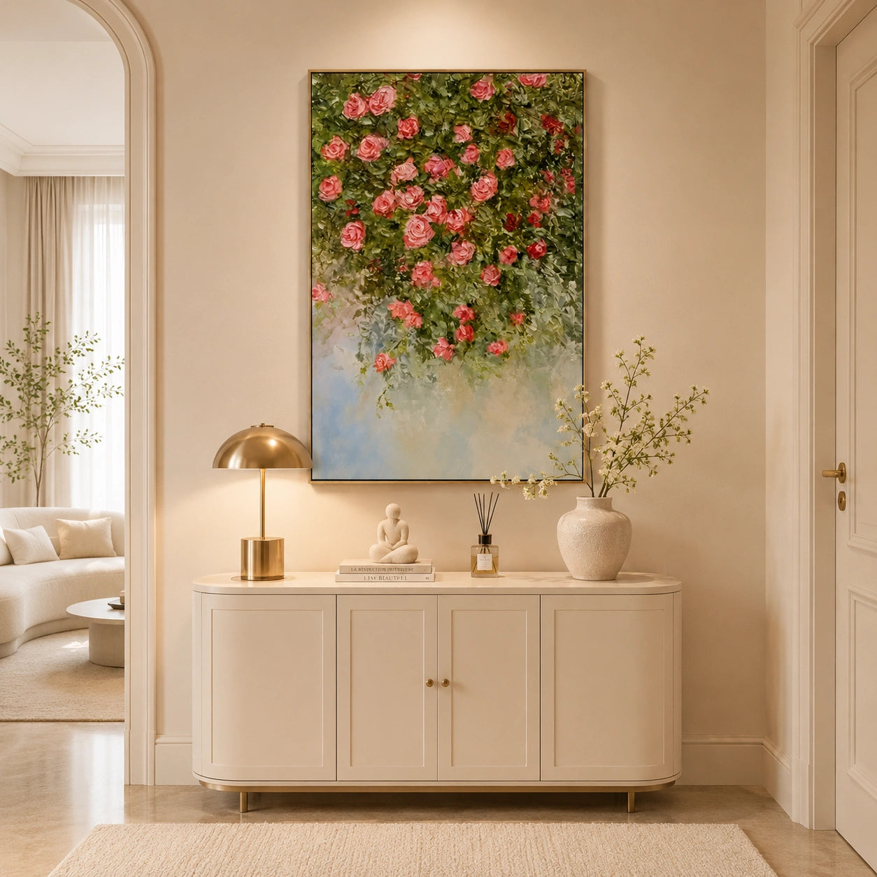 Romantic Rose Garden Hand-Painted Impasto Oil Painting, Pink Floral Cascade Textured Canvas Wall Art for Living Room, Bedroom and Luxury Interiors