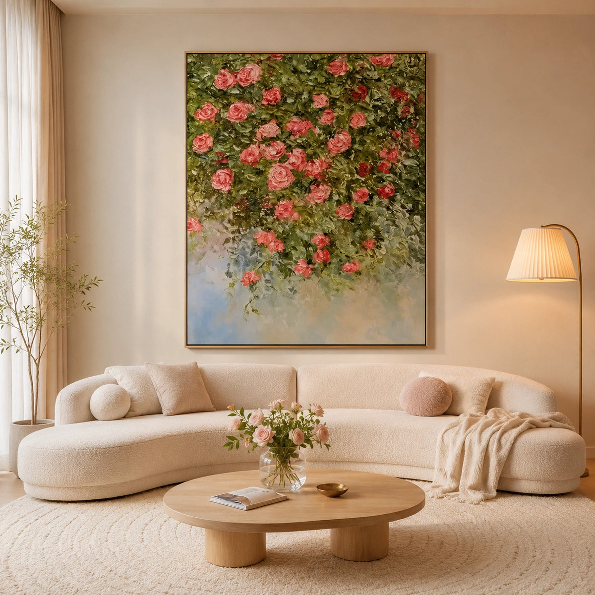 Romantic Rose Garden Hand-Painted Impasto Oil Painting, Pink Floral Cascade Textured Canvas Wall Art for Living Room, Bedroom and Luxury Interiors
