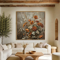 Rustic Wildflower Bouquet Oil Painting – Vintage Botanical Still Life Canvas Wall Art for Farmhouse & Cottage Decor