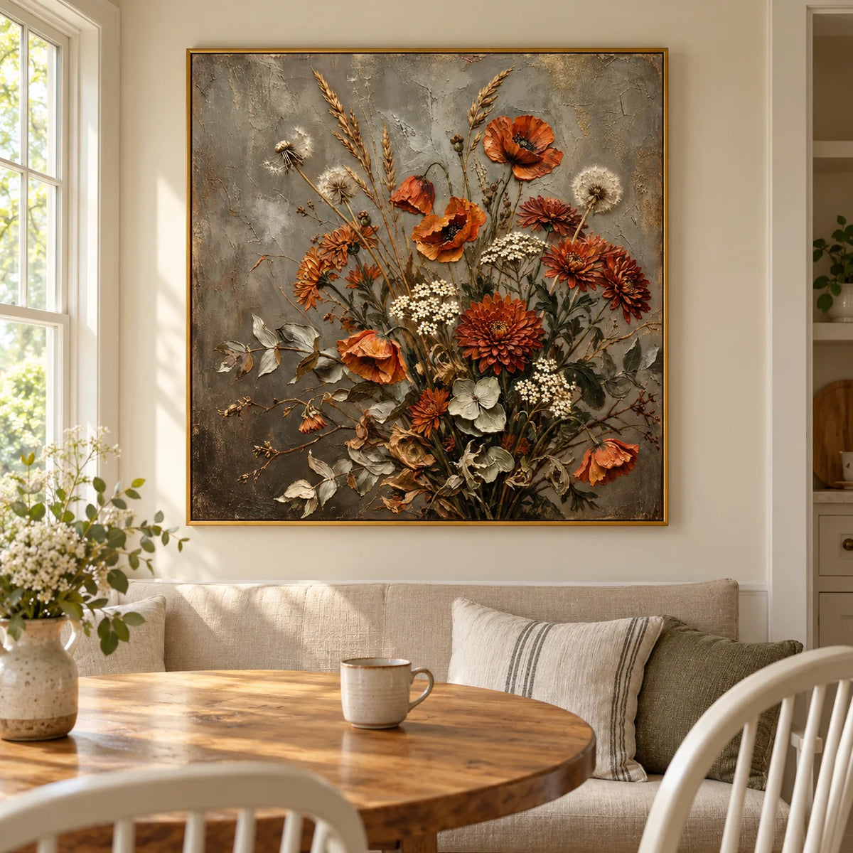 Rustic Wildflower Bouquet Oil Painting – Vintage Botanical Still Life Canvas Wall Art for Farmhouse & Cottage Decor