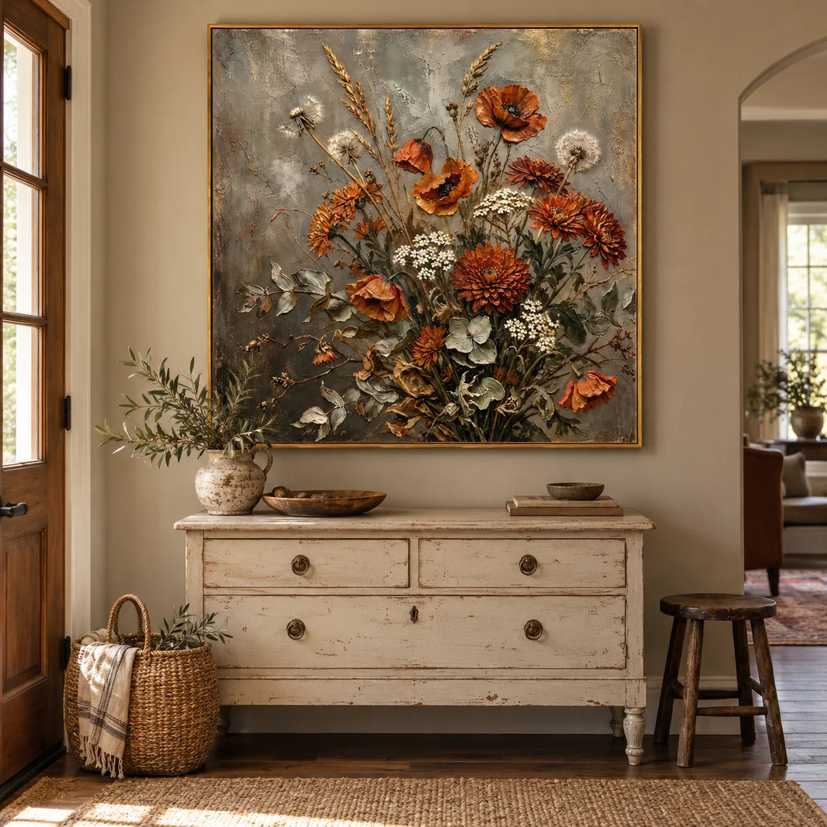 Rustic Wildflower Bouquet Oil Painting – Vintage Botanical Still Life Canvas Wall Art for Farmhouse & Cottage Decor