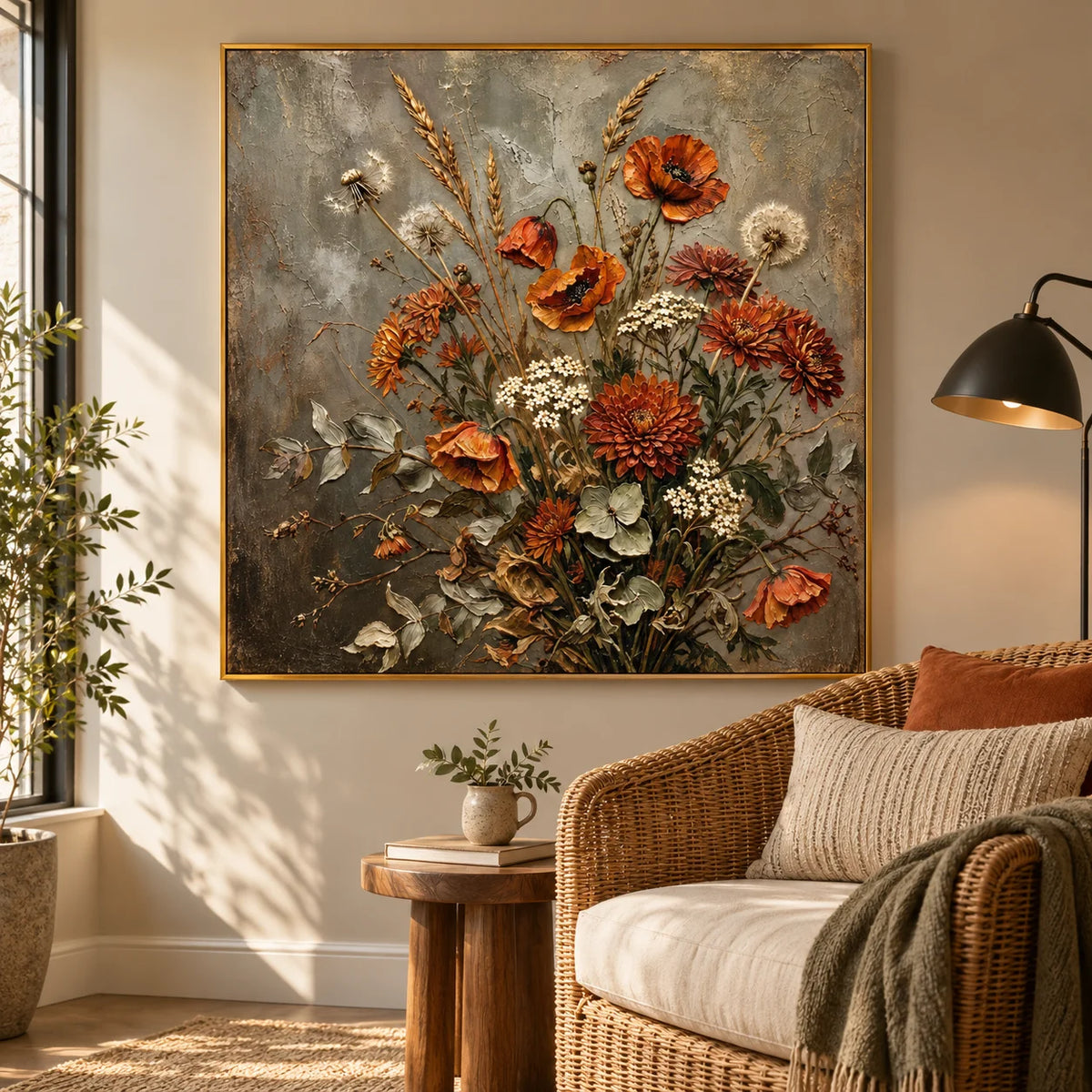 Rustic Wildflower Bouquet Oil Painting – Vintage Botanical Still Life Canvas Wall Art for Farmhouse & Cottage Decor