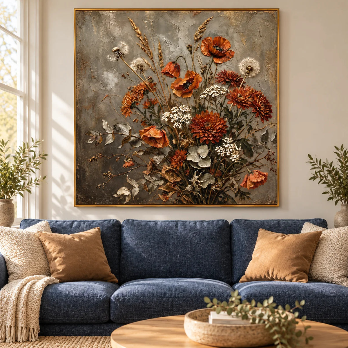Rustic Wildflower Bouquet Oil Painting – Vintage Botanical Still Life Canvas Wall Art for Farmhouse & Cottage Decor