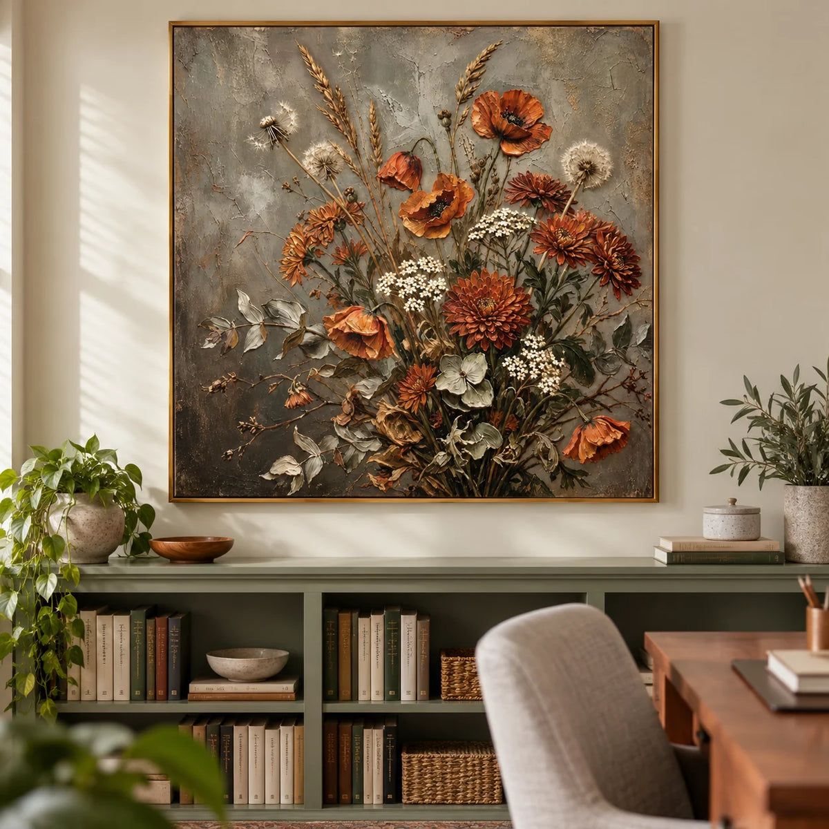 Rustic Wildflower Bouquet Oil Painting – Vintage Botanical Still Life Canvas Wall Art for Farmhouse & Cottage Decor