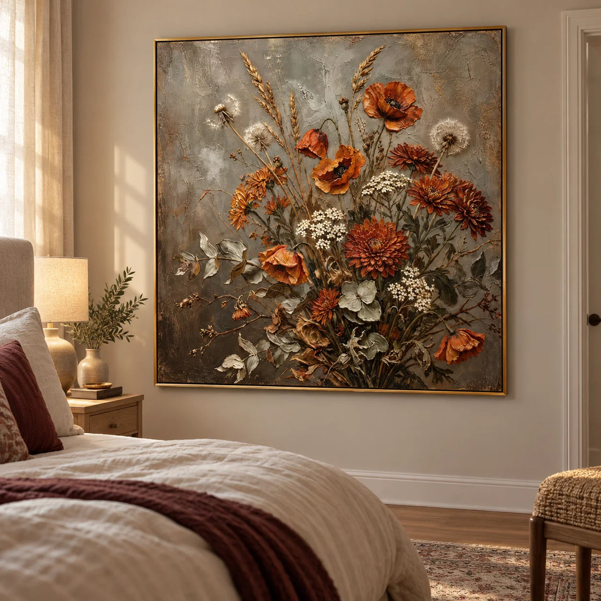 Rustic Wildflower Bouquet Oil Painting – Vintage Botanical Still Life Canvas Wall Art for Farmhouse & Cottage Decor