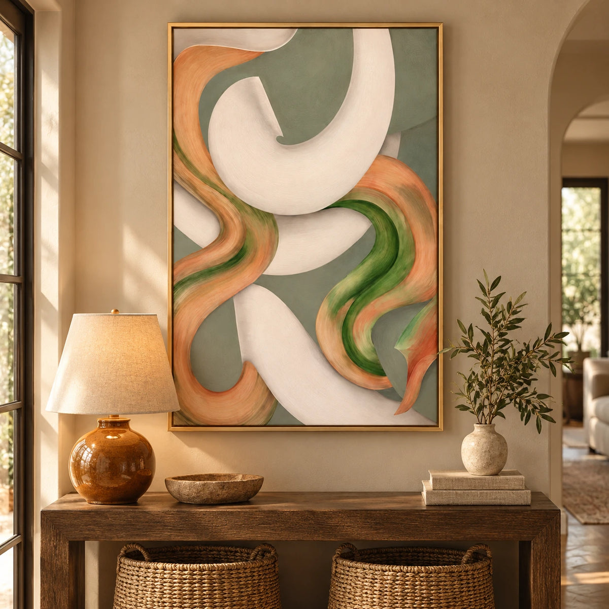 Sage Green Peach and Ivory Abstract Oil Painting | Flowing Organic Curves Modern Vertical Wall Art #OA 1638