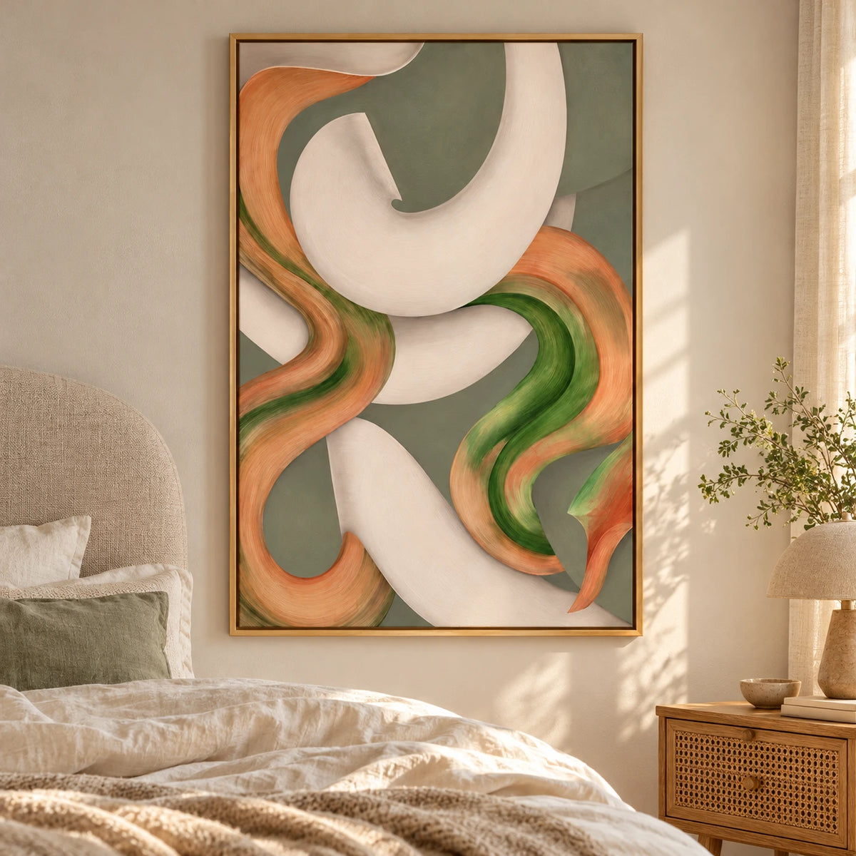 Sage Green Peach and Ivory Abstract Oil Painting | Flowing Organic Curves Modern Vertical Wall Art #OA 1638