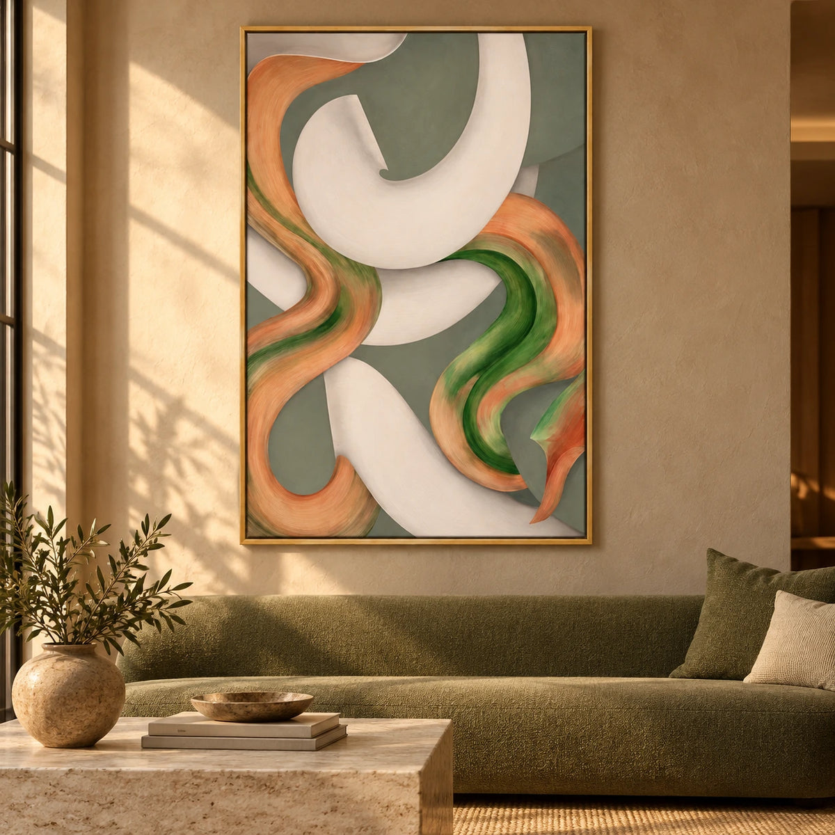 Sage Green Peach and Ivory Abstract Oil Painting | Flowing Organic Curves Modern Vertical Wall Art #OA 1638