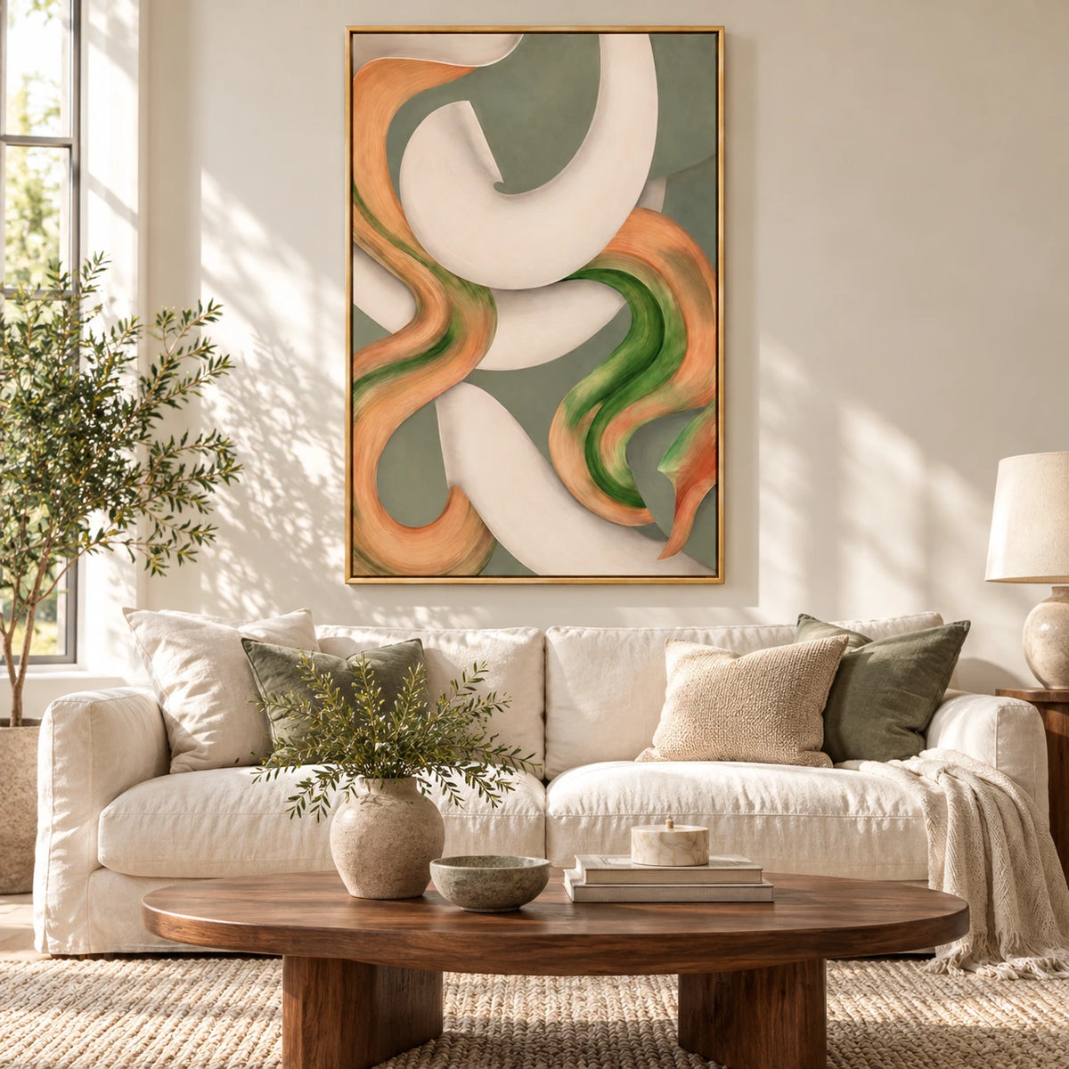 Sage Green Peach and Ivory Abstract Oil Painting | Flowing Organic Curves Modern Vertical Wall Art #OA 1638