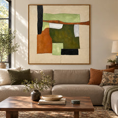 Sage Green Terracotta and Cream Geometric Abstract Oil Painting | Mid Century Modern Wall Art #OA 1622
