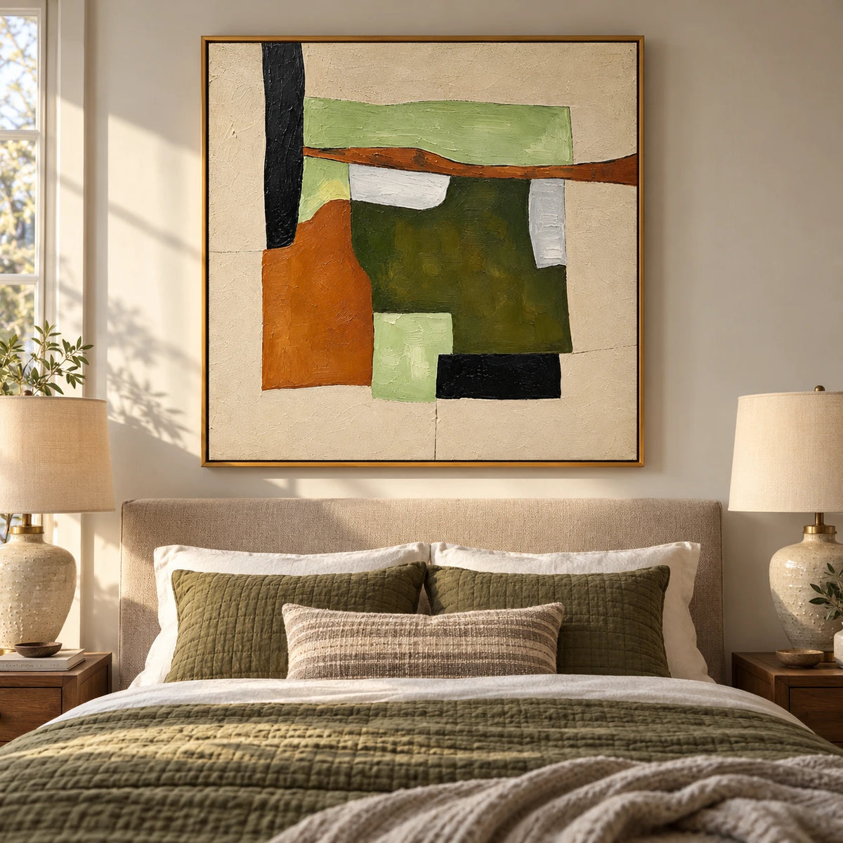 Sage Green Terracotta and Cream Geometric Abstract Oil Painting | Mid Century Modern Wall Art #OA 1622