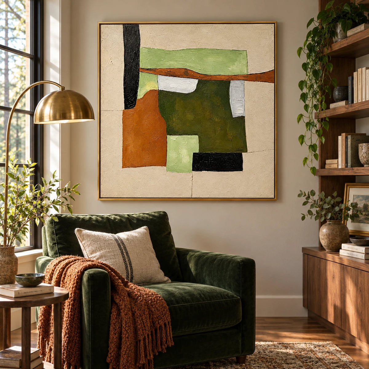 Sage Green Terracotta and Cream Geometric Abstract Oil Painting | Mid Century Modern Wall Art #OA 1622