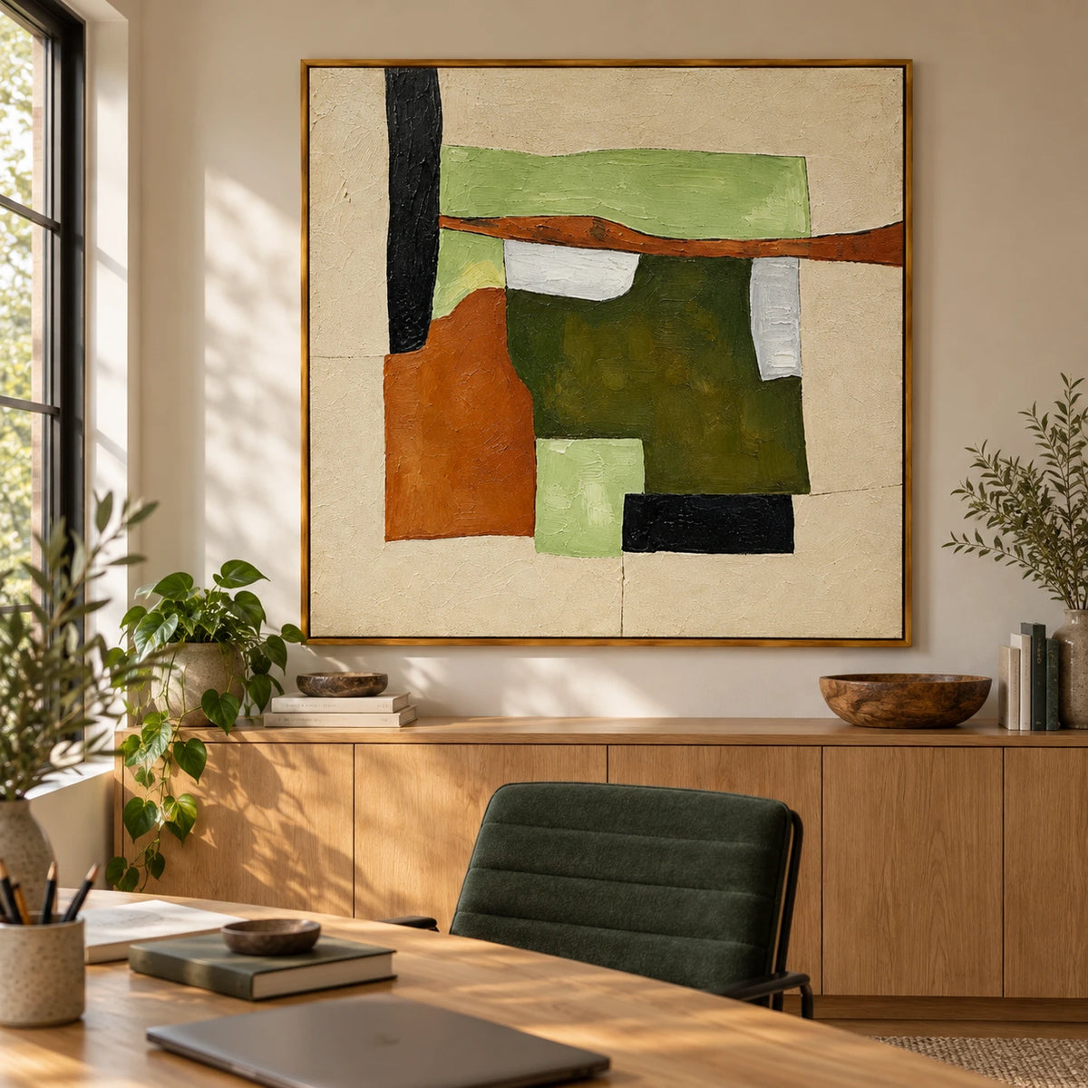 Sage Green Terracotta and Cream Geometric Abstract Oil Painting | Mid Century Modern Wall Art #OA 1622