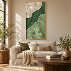 Sage Green and Ivory Fan Abstract Oil Painting | Sculptural Ribbed Texture Tall Vertical Wall Art #OA 1652