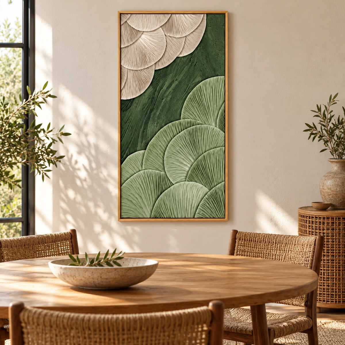 Sage Green and Ivory Fan Abstract Oil Painting | Sculptural Ribbed Texture Tall Vertical Wall Art #OA 1652