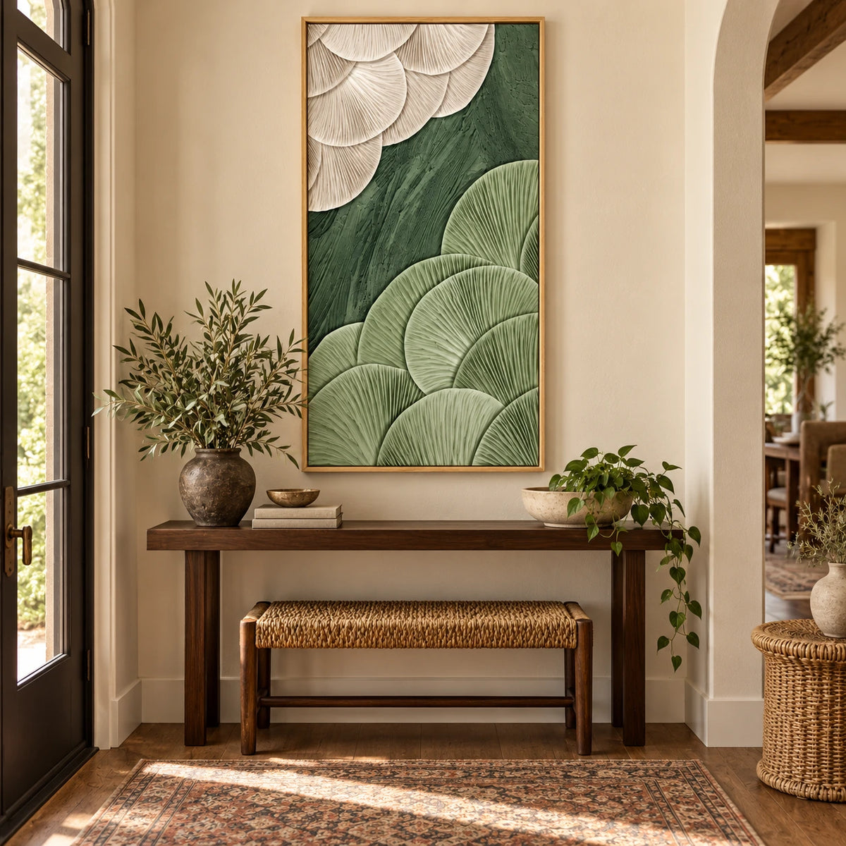 Sage Green and Ivory Fan Abstract Oil Painting | Sculptural Ribbed Texture Tall Vertical Wall Art #OA 1652