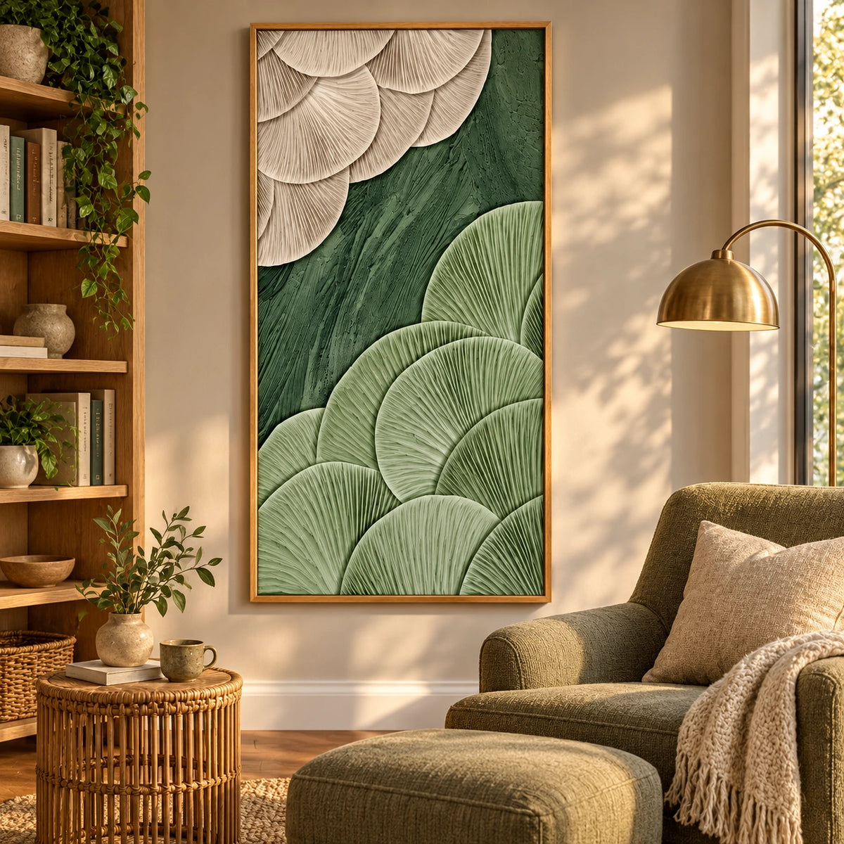 Sage Green and Ivory Fan Abstract Oil Painting | Sculptural Ribbed Texture Tall Vertical Wall Art #OA 1652