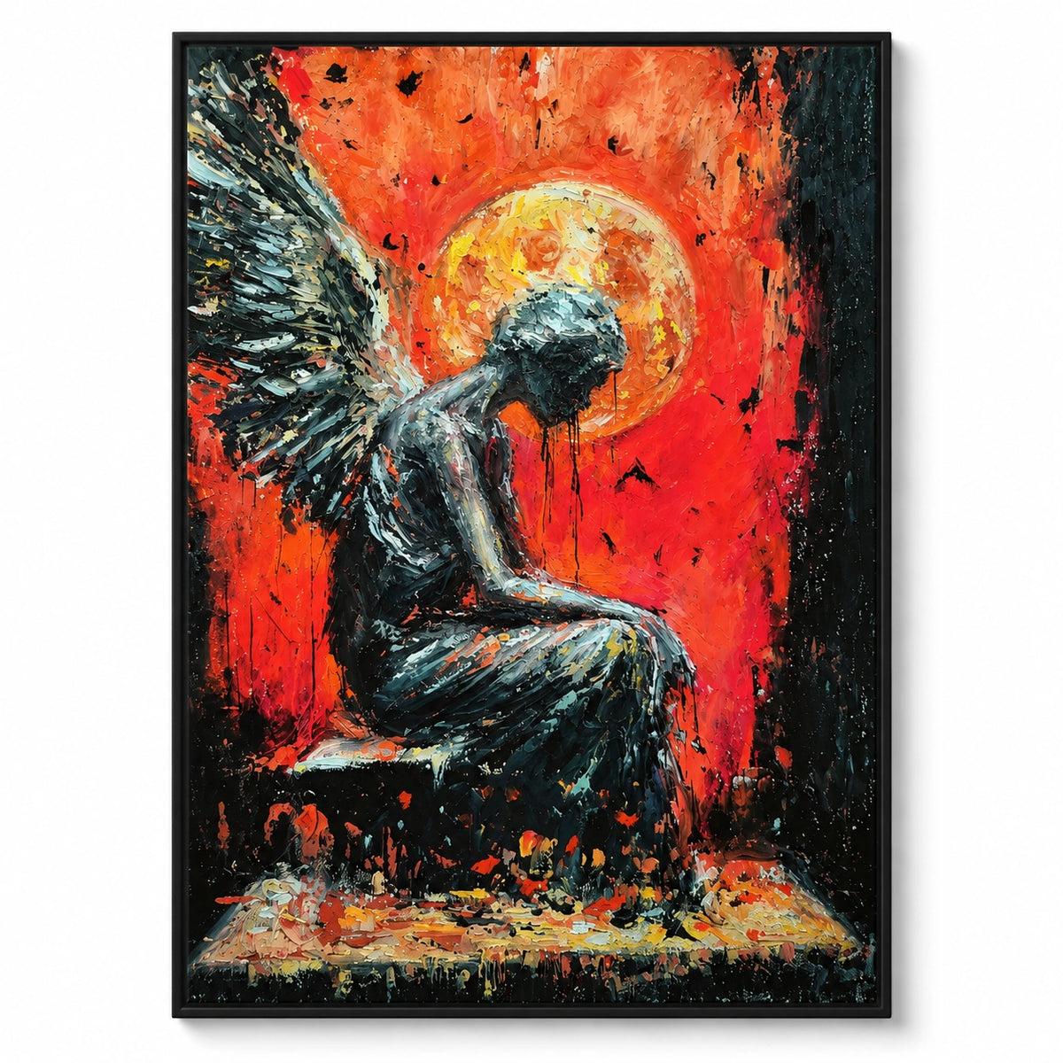 Seated Dark Angel Oil Painting | Red Orange Background Golden Halo and Textured Wings Vertical Figurative Wall Art OA 1755