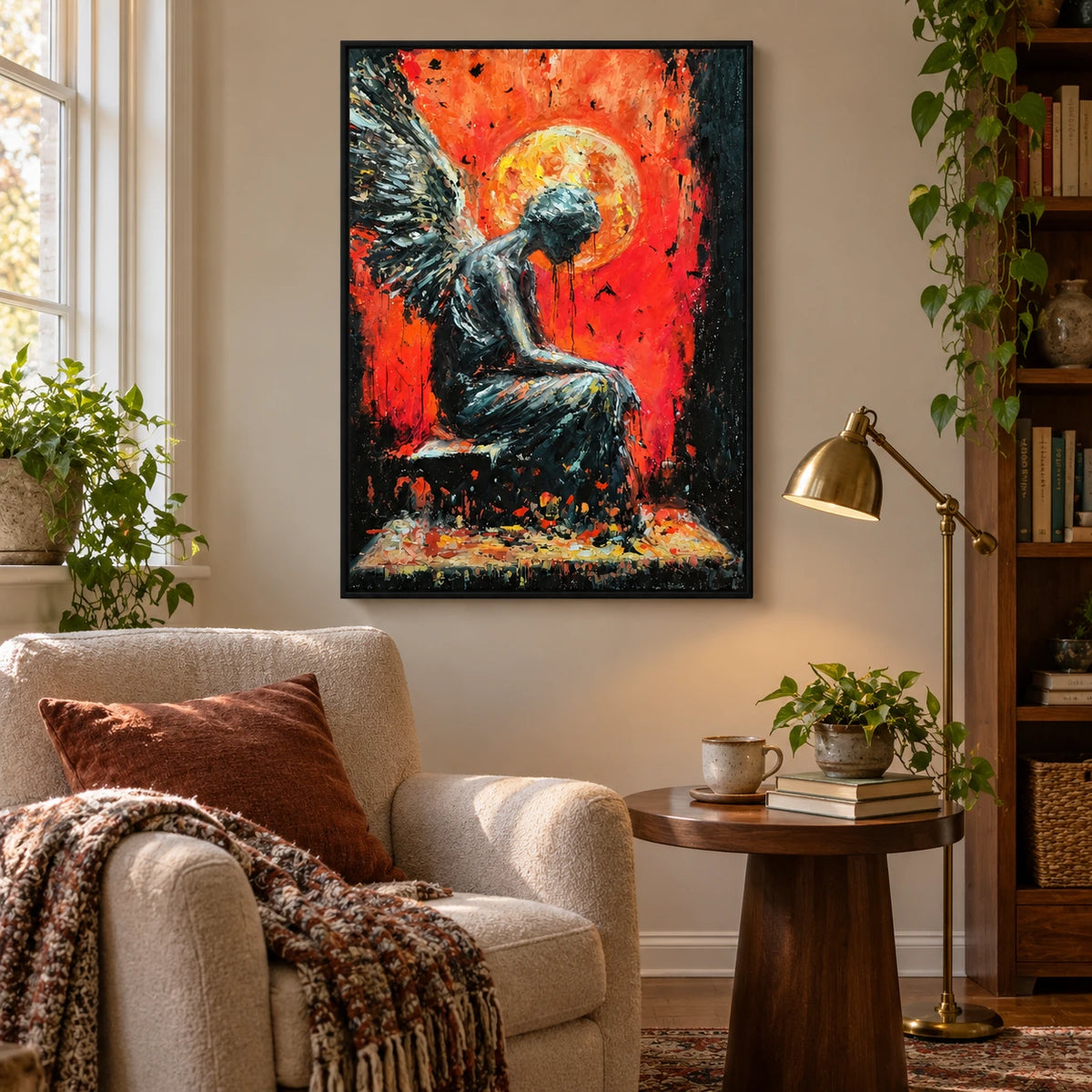 Seated Dark Angel Oil Painting | Red Orange Background Golden Halo and Textured Wings Vertical Figurative Wall Art OA 1755