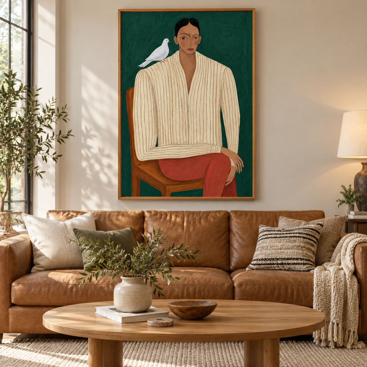 Seated Woman with White Dove Oil Painting | Green Background Striped Shirt and Rust Trousers Figurative Wall Art #OA 1681