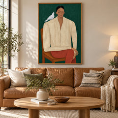 Seated Woman with White Dove Oil Painting | Green Background Striped Shirt and Rust Trousers Figurative Wall Art #OA 1681
