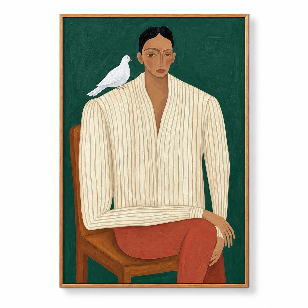 Seated Woman with White Dove Oil Painting | Green Background Striped Shirt and Rust Trousers Figurative Wall Art #OA 1681