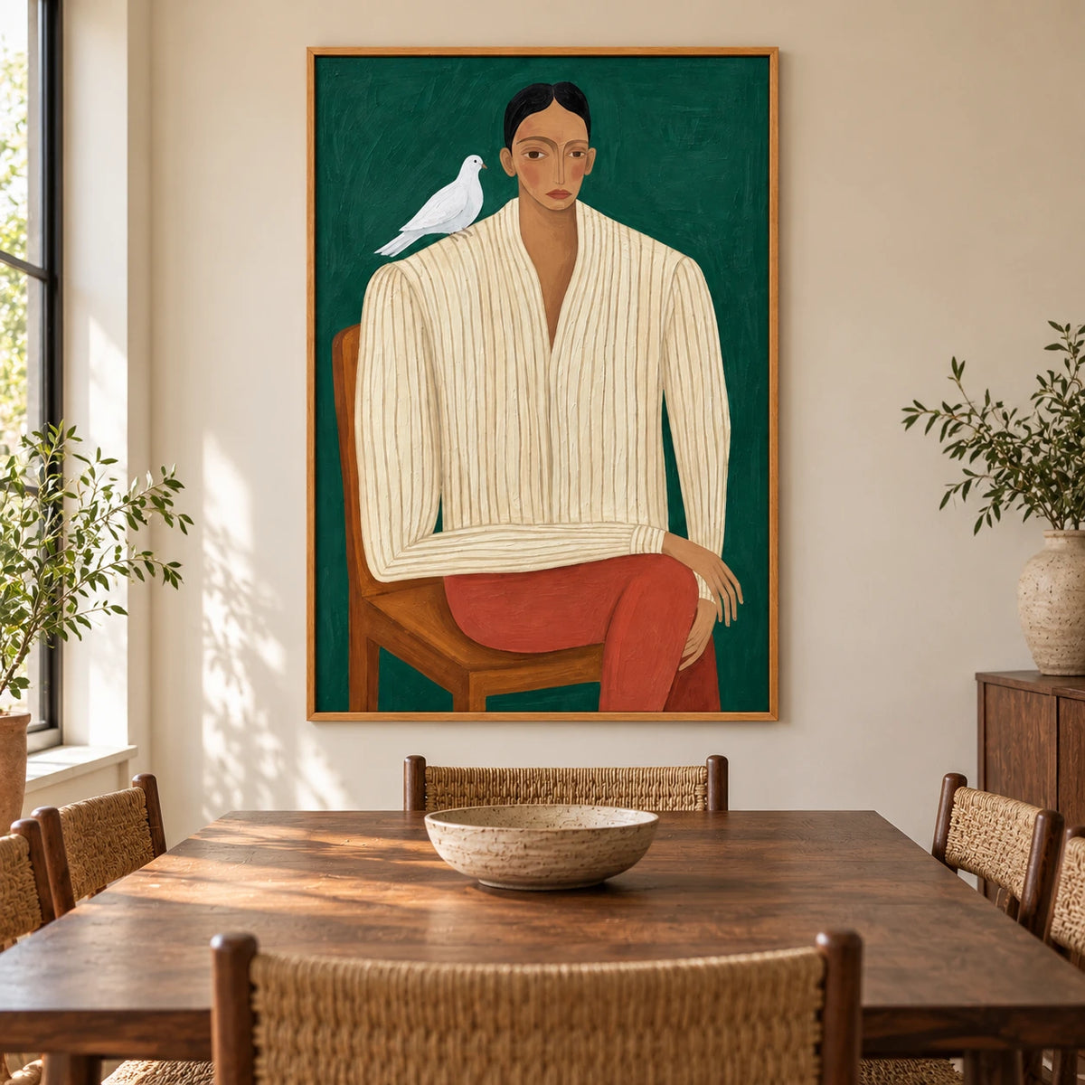 Seated Woman with White Dove Oil Painting | Green Background Striped Shirt and Rust Trousers Figurative Wall Art #OA 1681