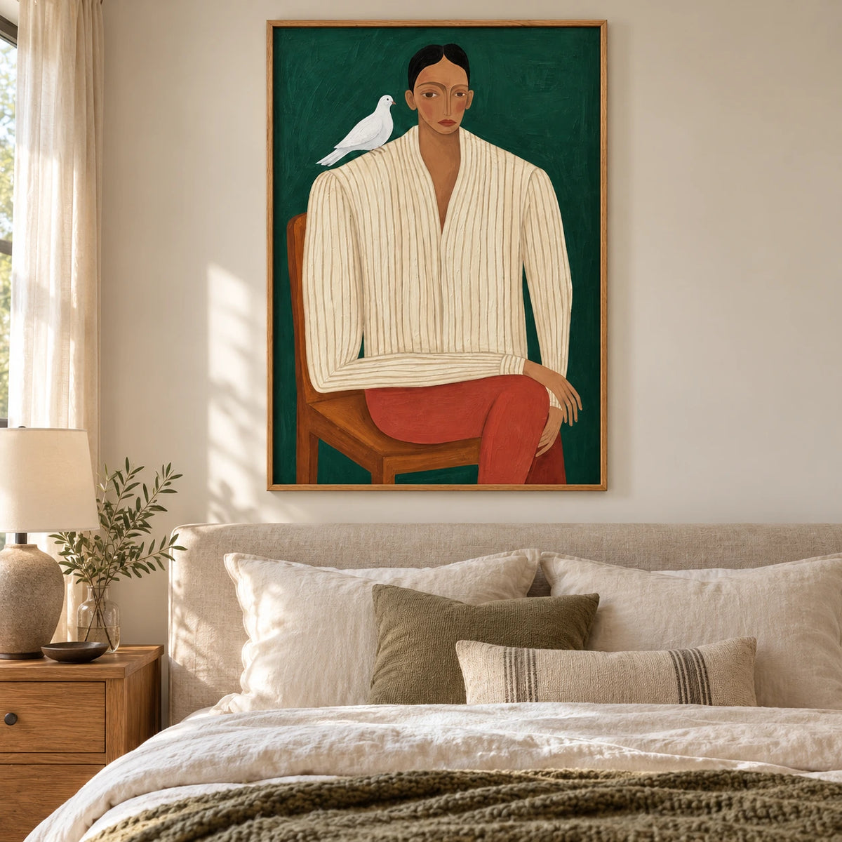 Seated Woman with White Dove Oil Painting | Green Background Striped Shirt and Rust Trousers Figurative Wall Art #OA 1681